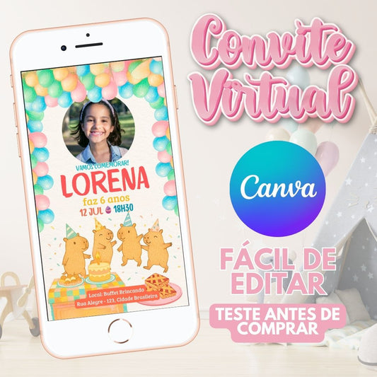 Capivara piquenique convite editável no Canva. Capivara piquenique convite Virtual. Capivara piquenique convite Digital. Convite template Canva.