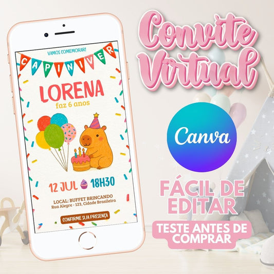 Capivara convite editável no Canva. Capivara convite Virtual. Capivara convite Digital. Convite template Canva.