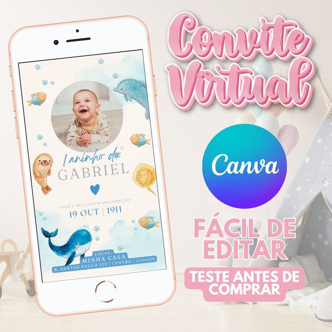 Fundo do Mar Menino convite editável no Canva. Fundo do Mar Menino convite Virtual. Fundo do Mar Menino convite Digital. Convite template Canva.