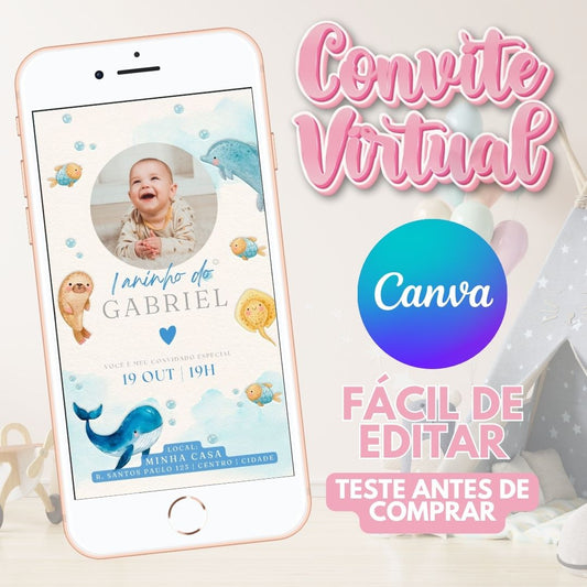 Fundo do Mar Menino convite editável no Canva. Fundo do Mar Menino convite Virtual. Fundo do Mar Menino convite Digital. Convite template Canva.
