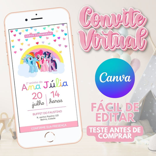 My Little Pony convite editável no Canva. My Little Pony convite Virtual. My Little Pony convite Digital. Convite template Canva.