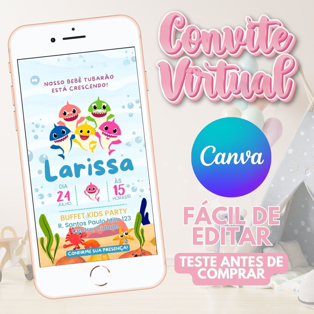 Baby Shark convite editável no Canva. Baby Shark convite Virtual. Baby Shark convite Digital. Convite template Canva. (Cópia)