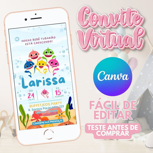 Baby Shark convite editável no Canva. Baby Shark convite Virtual. Baby Shark convite Digital. Convite template Canva. (Cópia)