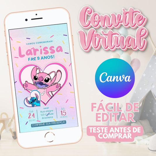 Angel e Stitch convite editável no Canva. Angel e Stitch convite Virtual. Angel e Stitch convite Digital. Convite template Canva.