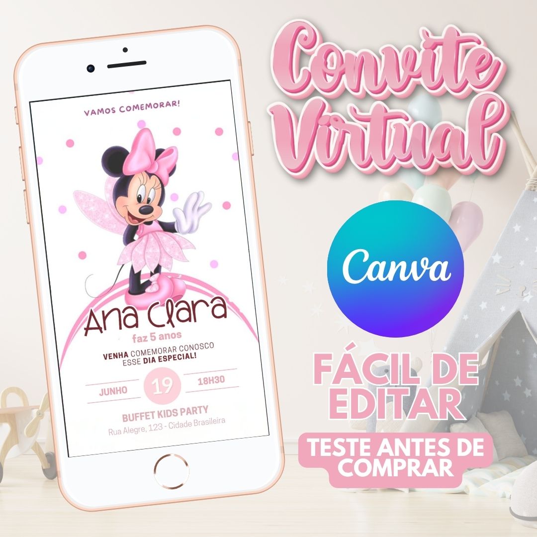 Minnie Rosa convite editável no Canva. Minnie Rosa convite Virtual. Minnie Rosa convite Digital. Convite template Canva.