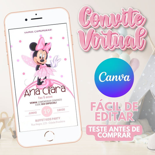 Minnie Rosa convite editável no Canva. Minnie Rosa convite Virtual. Minnie Rosa convite Digital. Convite template Canva.