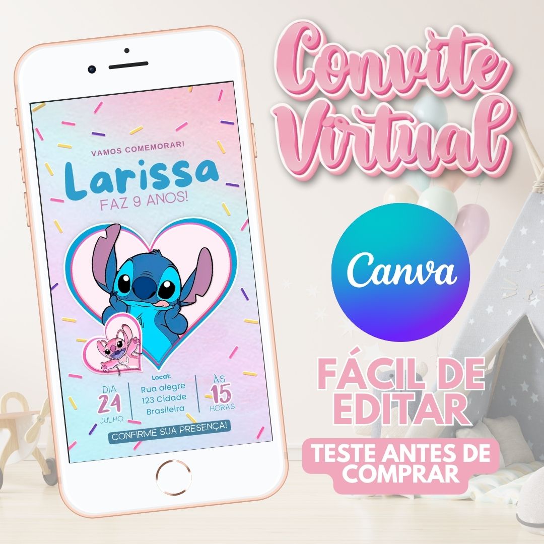 Stitch convite editável no Canva. Stitch convite Virtual. Stitch convite Digital. Convite template Canva.