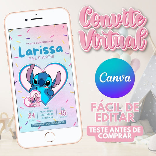 Stitch convite editável no Canva. Stitch convite Virtual. Stitch convite Digital. Convite template Canva.