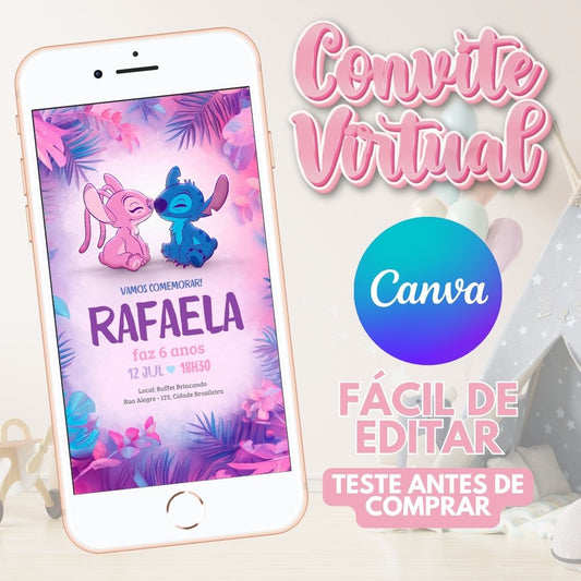 Stitch e Angel convite editável no Canva. Stitch e Angel convite Virtual. Stitch e Angel convite Digital. Convite template Canva.