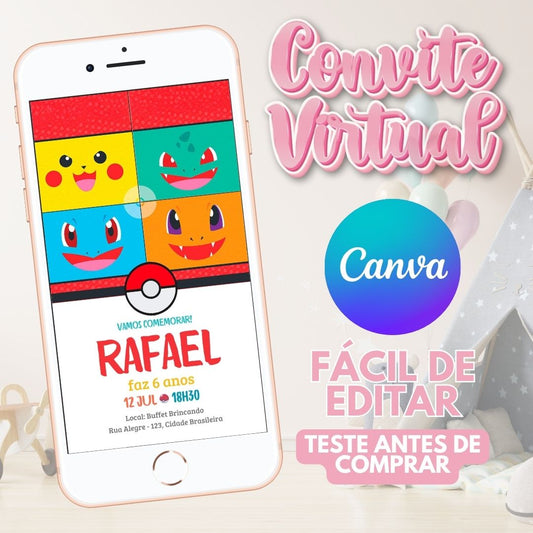 Pokemon convite editável no Canva. Pokemon convite Virtual. Pokemon convite Digital. Convite template Canva.