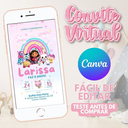 Casa Mágica da Gabyy convite editável no Canva. Casa Mágica da Gabi convite Virtual. Casa Mágica da Gabi convite Digital. Convite template Canva.
