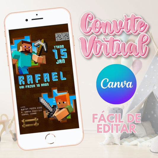 Minecraft convite editável no Canva. Minecraft convite Virtual. Minecraft convite Digital. Convite template Canva.