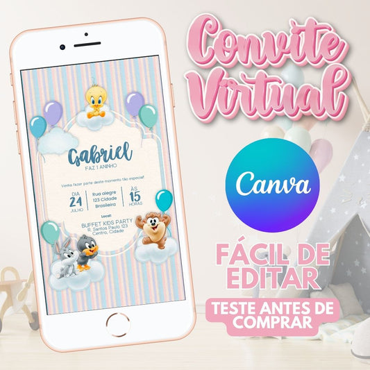 Looney Tunes convite editável no Canva. Looney Tunes convite Virtual. Looney Tunes convite Digital. Convite template Canva.