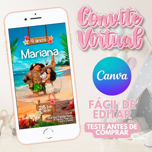 Moana convite editável no Canva. Moana convite Virtual. Moana convite Digital. Convite template Canva.