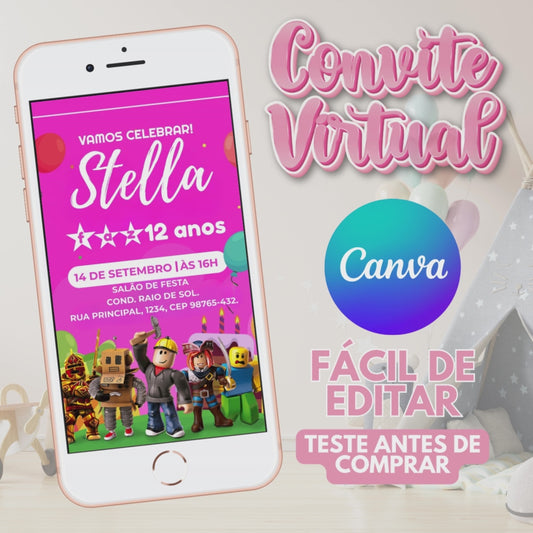 Roblox meninas convite editável no Canva. Roblox meninas convite Virtual. Roblox meninas. convite Digital. Convite template Canva.