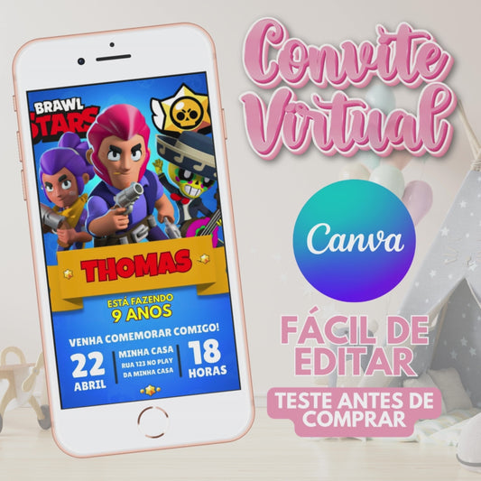 Brawl Stars convite editável no Canva. Brawl Stars convite Virtual. Brawl Stars convite Digital. Convite template Canva. (Cópia)