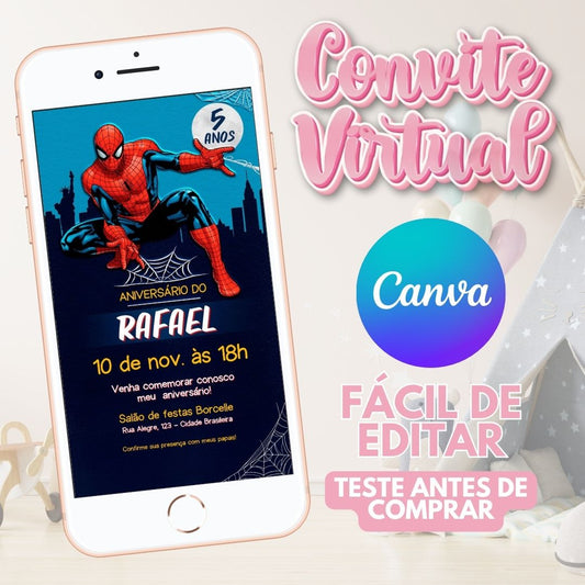 Homem-aranha convite editável no Canva. Homem-aranha convite Virtual. Homem-aranha convite Digital. Convite template Canva.